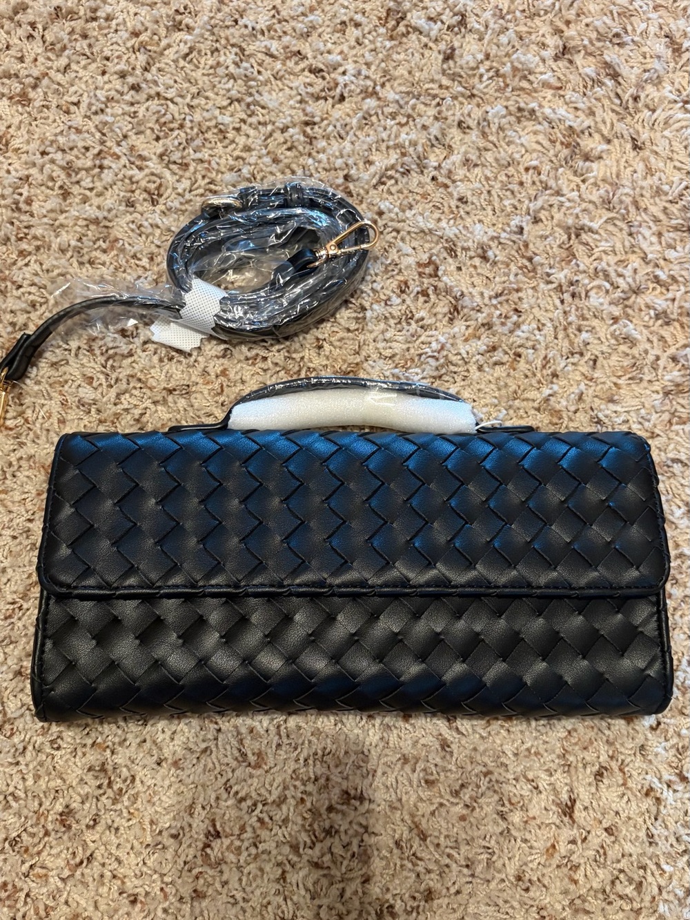 Woven Leather-Effect Black Shoulder Bag